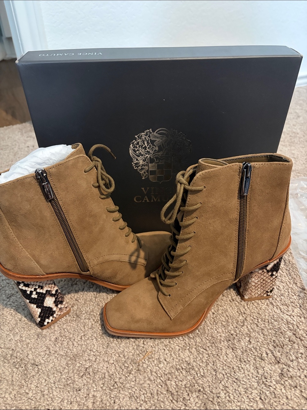 Vince Camuto Tan Suede Lace-Up Ankle Boots with Snakeskin Block Heel